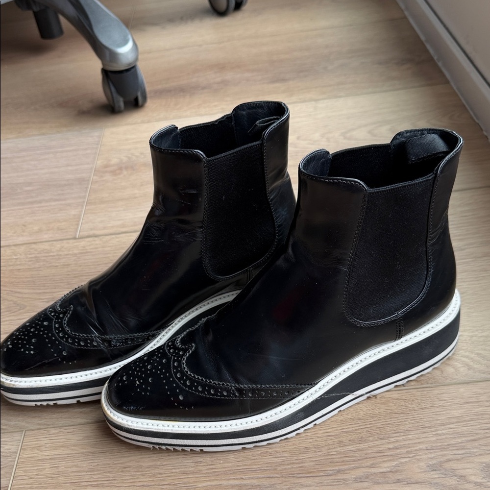Prada Black and White Platform Chelsea Boots